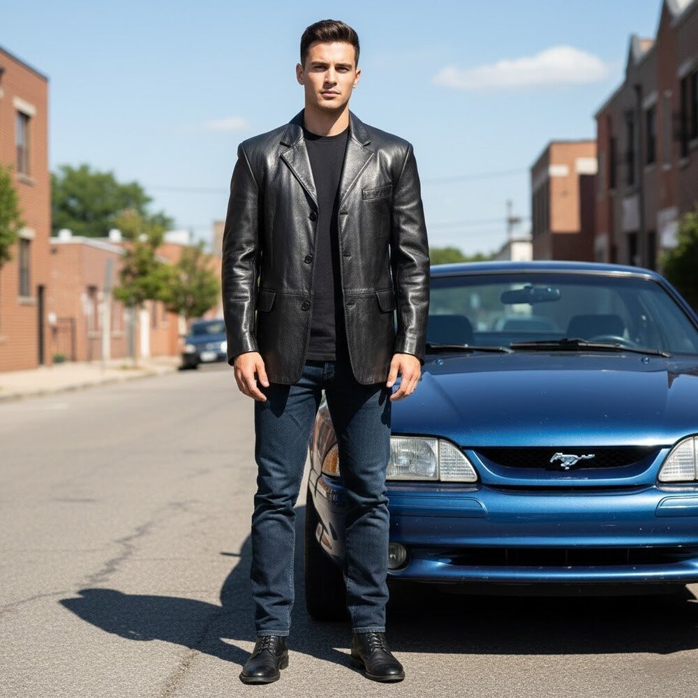 Weatherman Men’s Black Leather Jacket Coat, 3 Buttons Closure